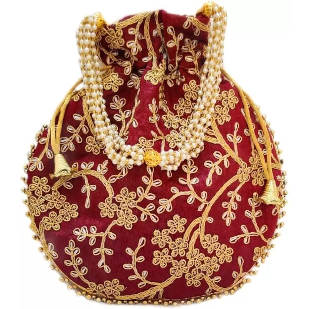 Potli Bag Ethnic Desner Embroidery Work Batwa Pearls Handle With :D